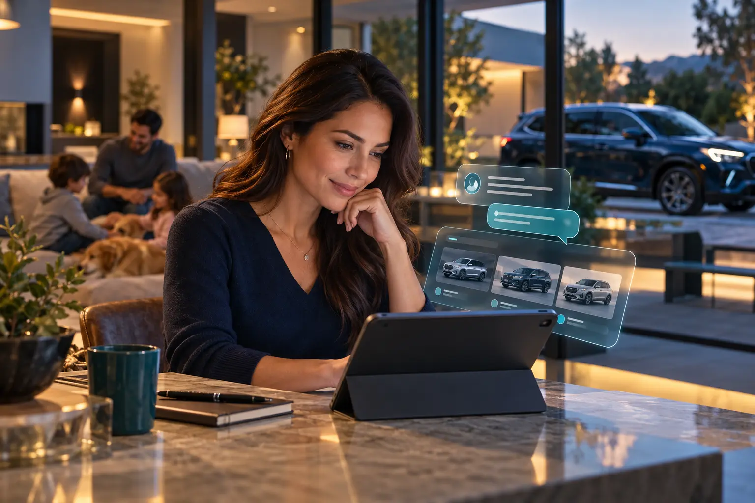 A woman researches family vehicles on a tablet at home.